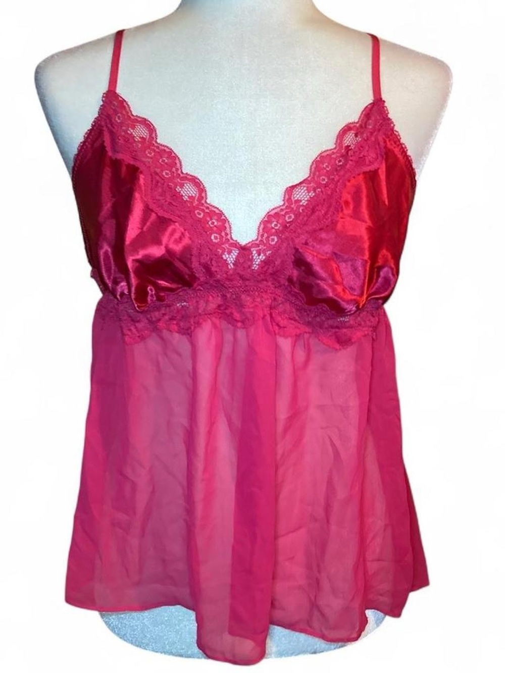 Women's Red Lace Satin & Sheer Babydoll Chemise